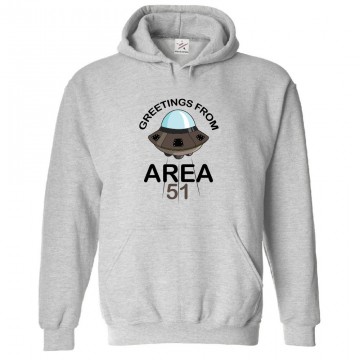 Greetings from Area 51 Classic Unisex Kids and Adults Pullover Hoodie for Sci-Fi Cartoon Fans